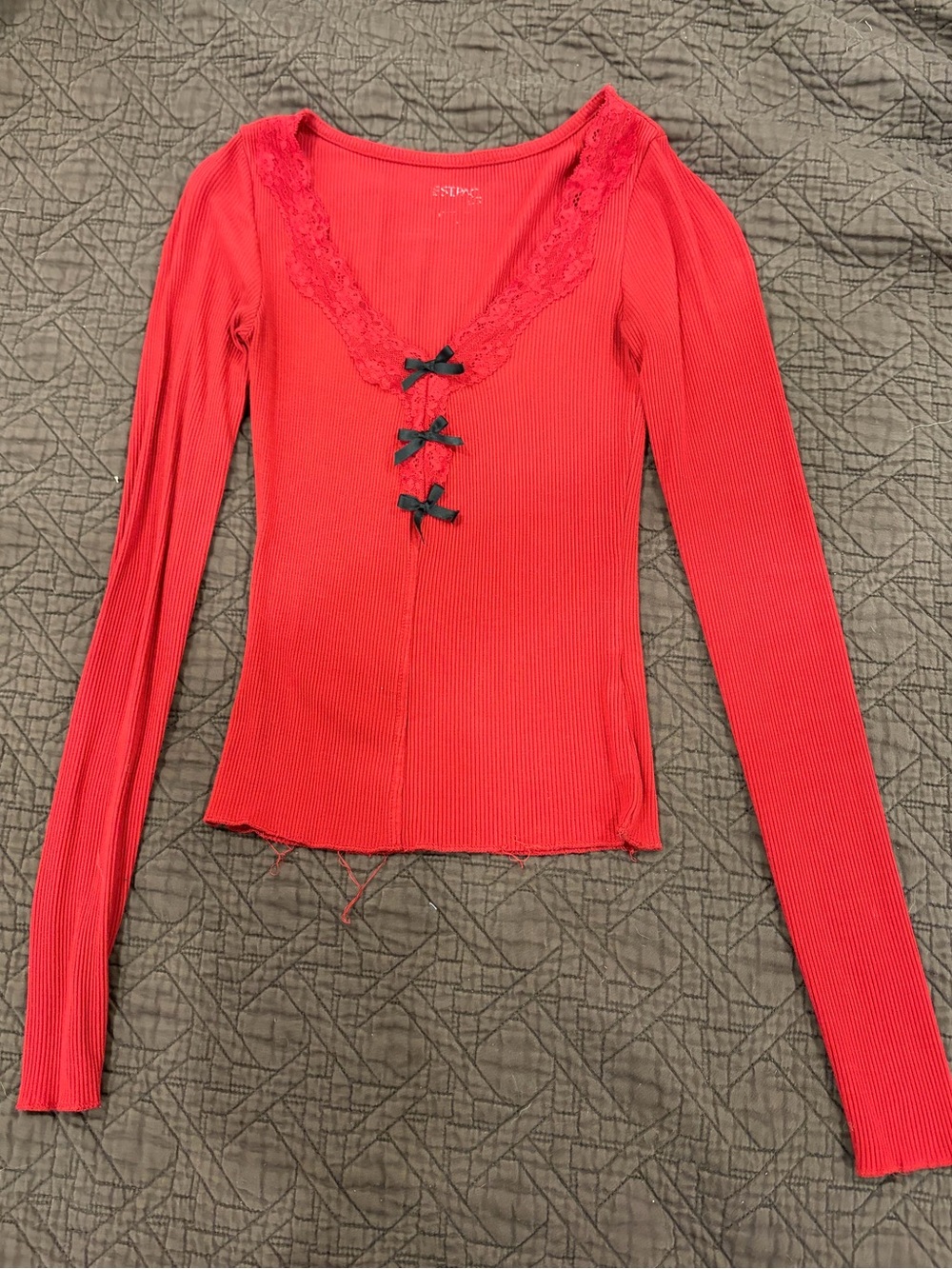 Red Lace Bow Ribbed Long Sleeve Top | Coquette Y2K Size XXS